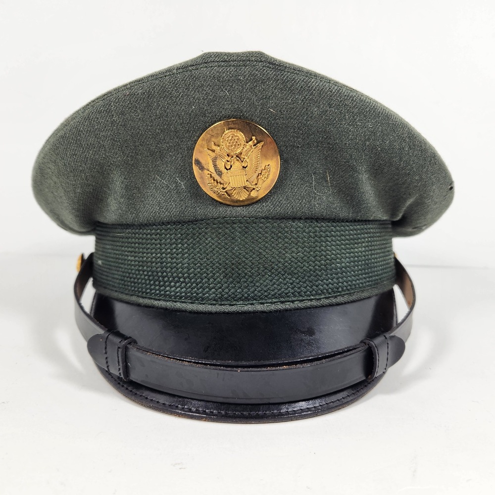 Vintage US Army Service Cap Green Wool Visor Hat Eagle Crest Insignia Size 7